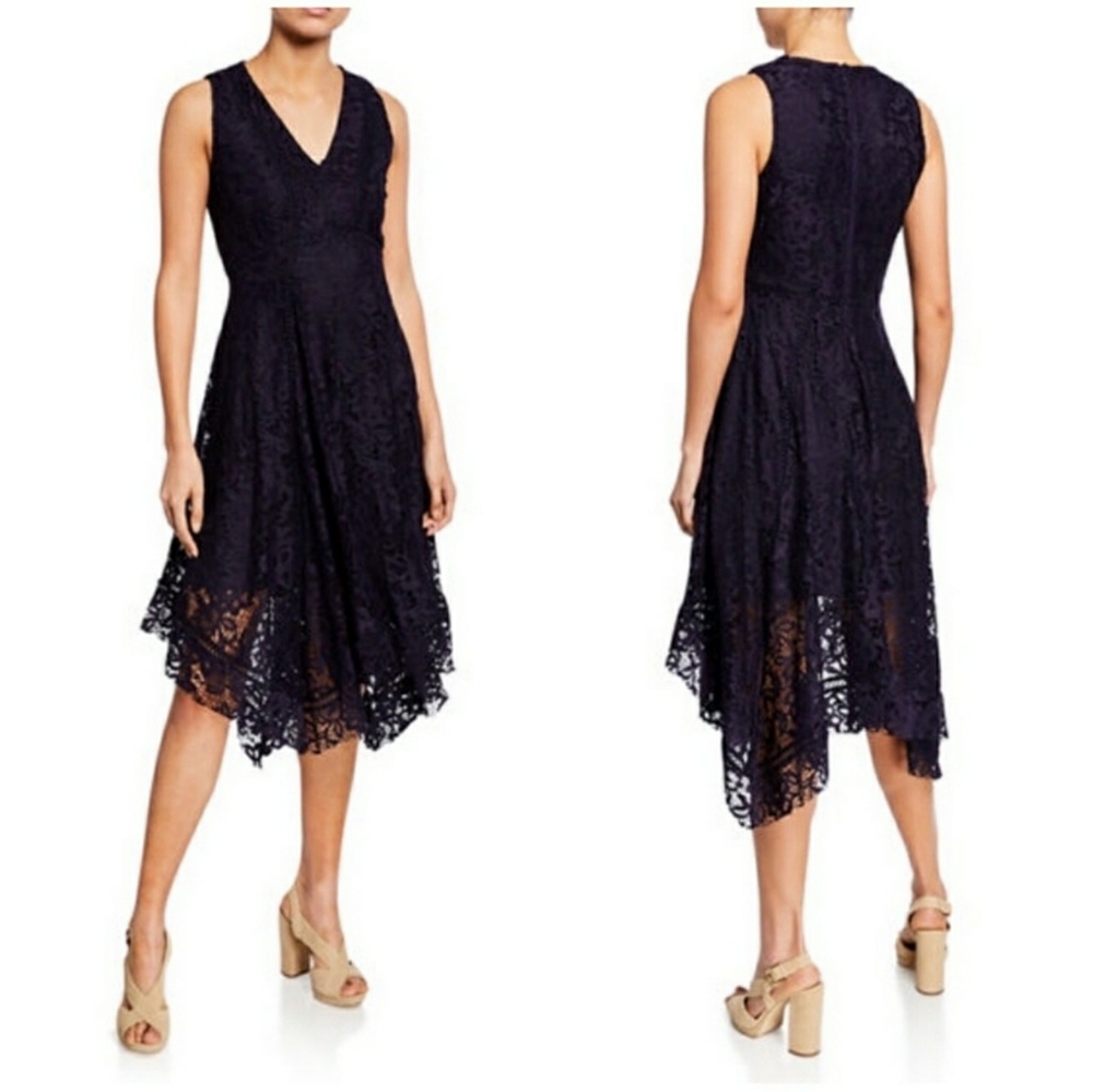 NWT Nieman Marcus Navy Blue Sleeveless Lace High Low Dress Size 14